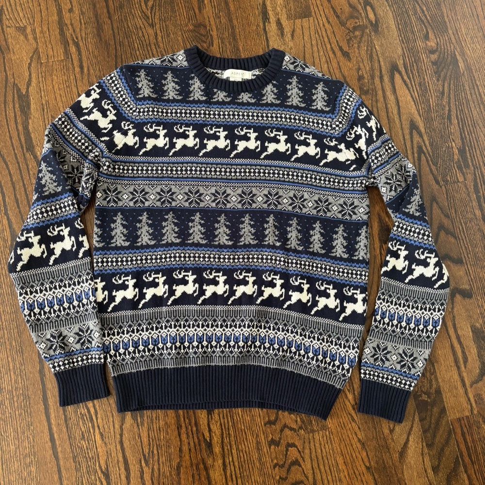 Aspen Mens Large Navy Blue Fair Isle Reindeer Cotton Knit Crewneck Sweater